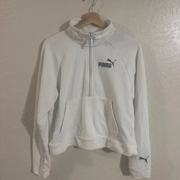 Puma White Long Sleeved Half Zip Pocketed Cropped Athletic Jacket - Picture 2 of 10